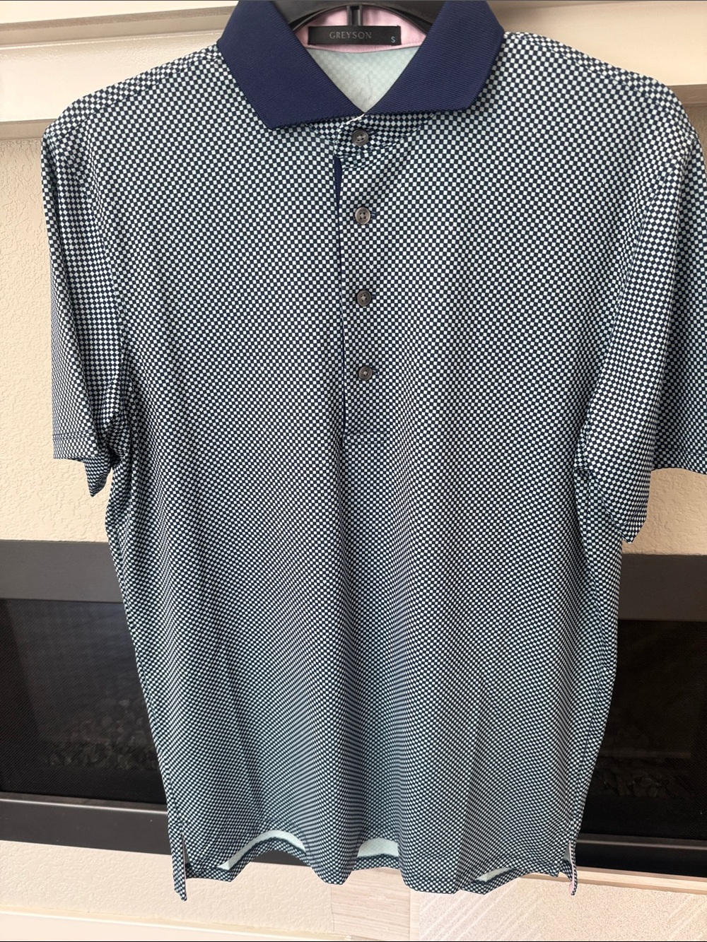 Greyson Men's Navy and White Micro-Check Polo